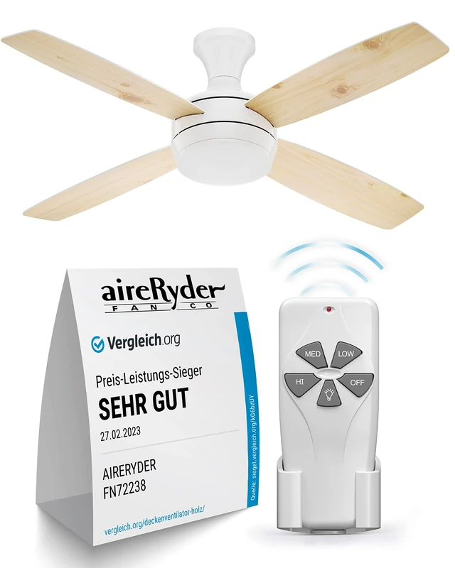 AireRyder Ceiling fan with lighting and remote control Saturn, white, wings pine and white, 132 cm - Image 1