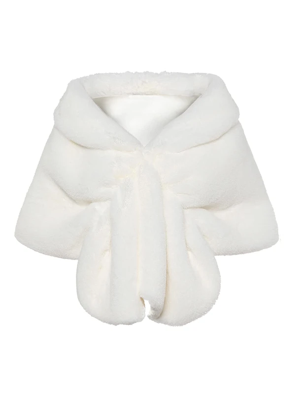 BABEYOND Womens Faux Fur Collar Shawl Faux Fur Scarf Wrap Evening Cape for Winter Coat - White - Small