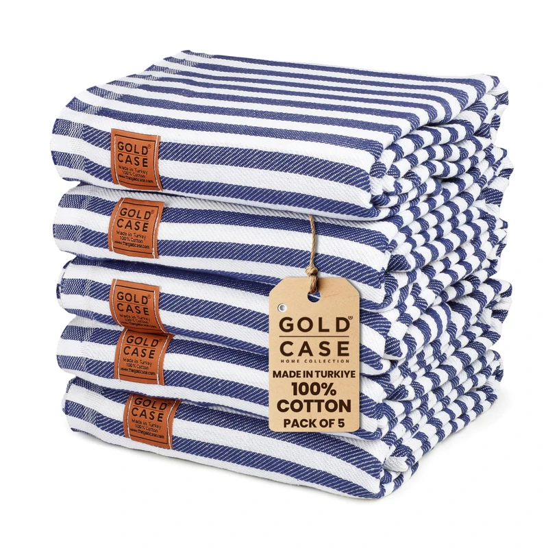 GOLD CASE HOME COLLECTION Myra Original Turkish Beach Towel Set of 5-100% Cotton - 71x40 inches XXL Oversized - Quick Dry Sand Free Turkish Towel - Durable Lightweight Bath Towels, Navy Blue