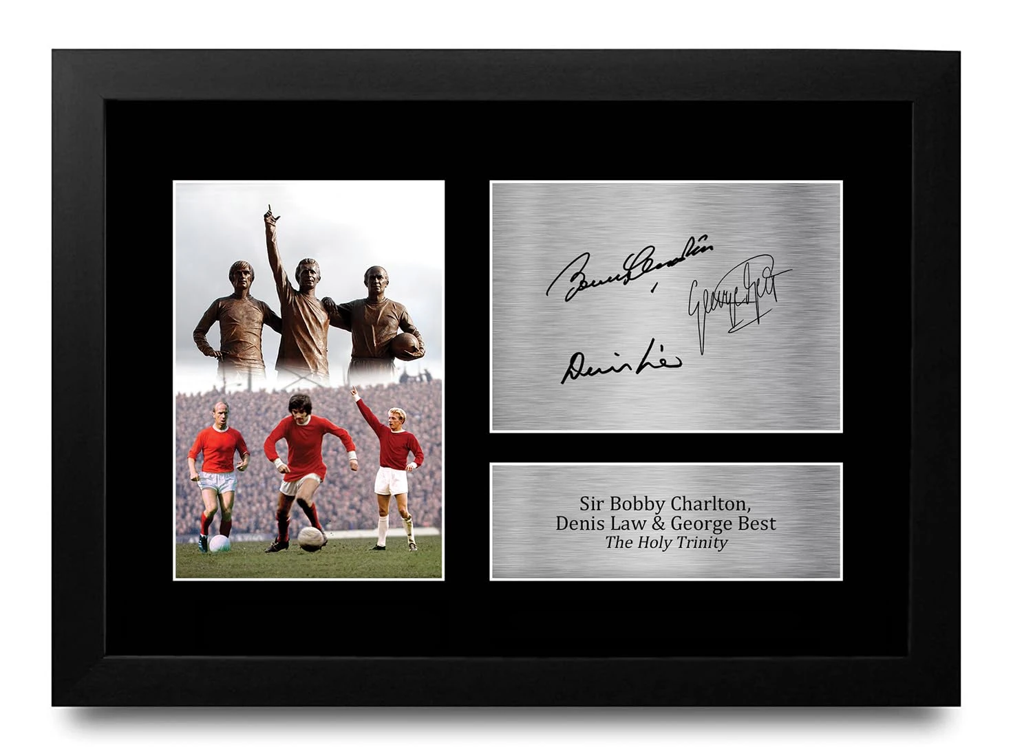 HWC Trading FR Denis Law, George Best & Bobby Charlton Gift Signed FRAMED A4 Printed Autograph Gifts Photo Display