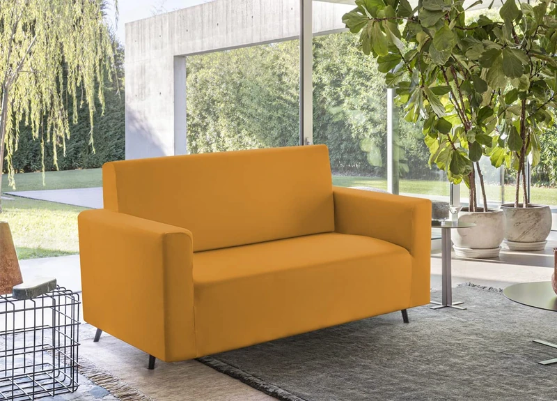 BIANCHERIAWEB Solid Colour Stretch Anti-Stain Shaped Mustard 3 Seater Sofa Cover Mustard
