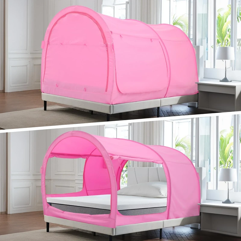 Alvantor Bed Canopy Dream Tent Privacy Space Single Size Sleeping Tent Indoor Pop Up Portable Frame Curtains Breathable Pink Cottage (Mattress Not Included) Reducing Light