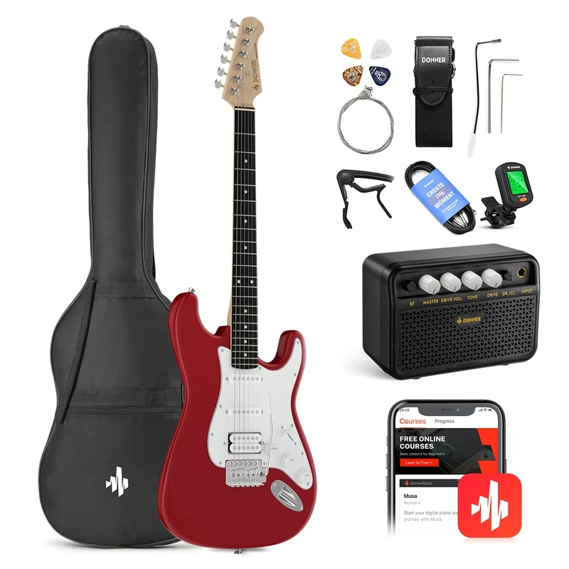 Donner 39 Inch Electric Guitar Beginner Kit Red Full-Size Starter Package HSS Pick Up with All Accessories Amp Online Lesson Bag Tuner Capo Strap String Amp Cable Picks DST-100R