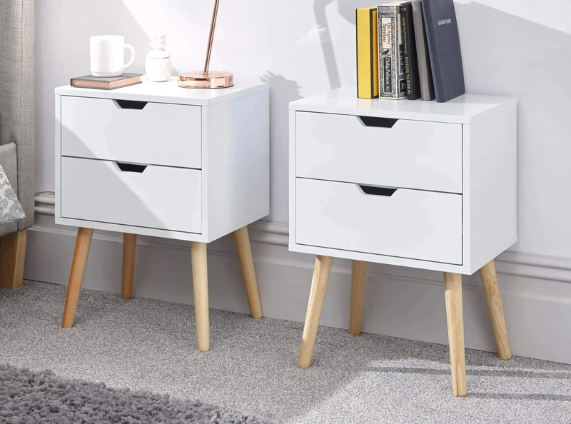 GFW Pair Nyborg Scandinavian Style 2 Drawer Bedside Cabinet With Pine Wooden Legs, White. 30D x 40W x 56H cm.