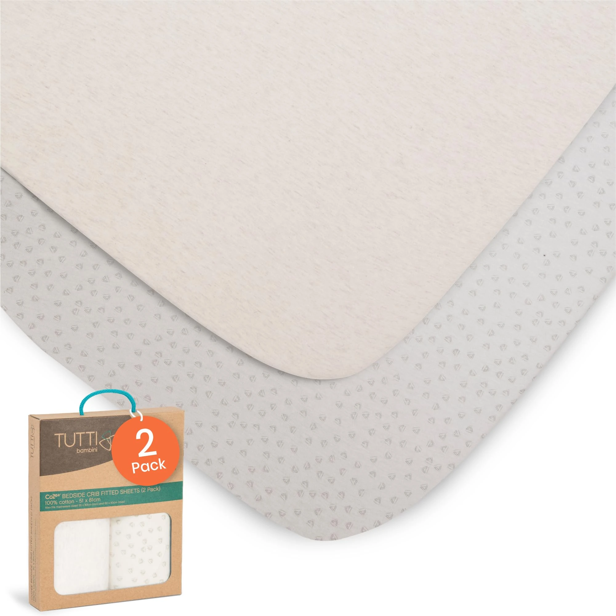 Tutti Bambini CoZee Crib Fitted Sheets (2 Pack) - Grey/Cloud 100% Cotton Sheets - For CoZee Bedside Crib