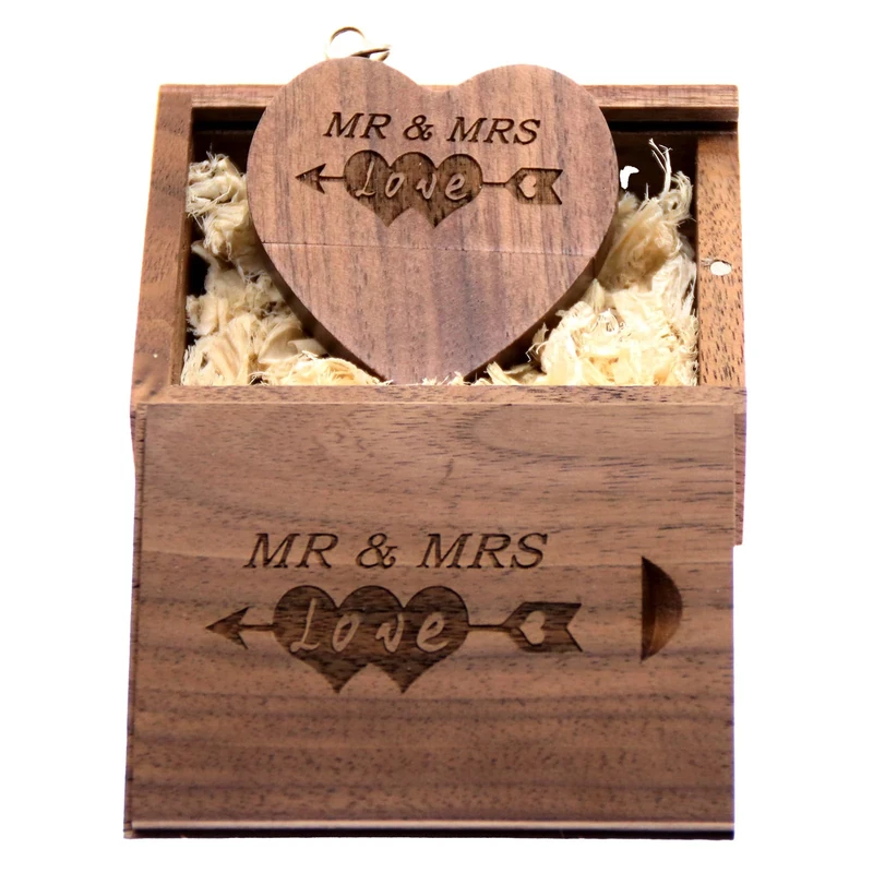 LXSINO 32GB Wooden USB Flash Drive with Laser Engraved Mr & Mrs Design - Heart Shape Wooden with 32GB Memory