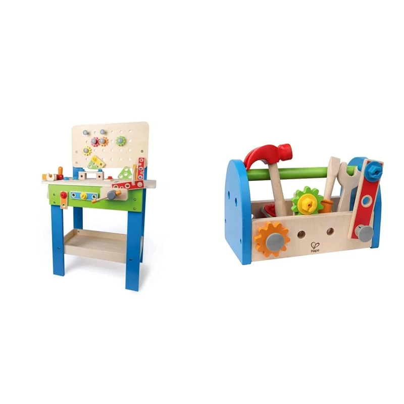 Hape Master Workbench | Award-Winning Kid's Wooden Tool Bench Toy Pretend Play Creative Building Set, Height Adjustable 35 Piece Workshop for Toddlers & Fix-It Tool Box with Accessories