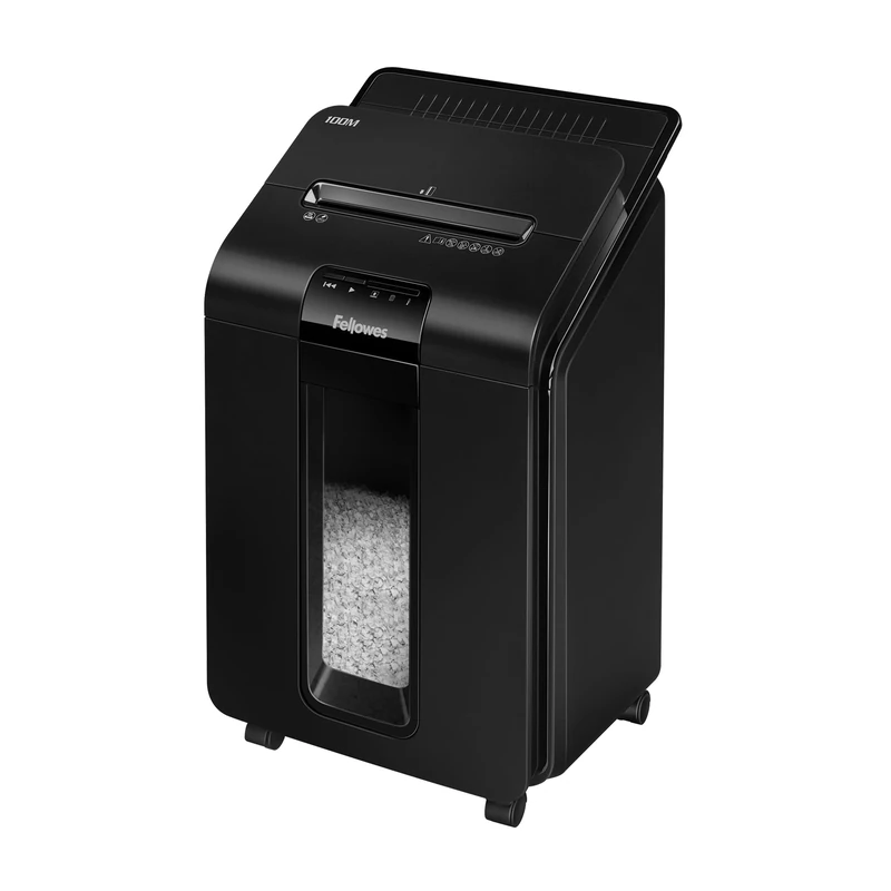 Fellowes Paper Shredder for Home Office Use - 100 Sheet Auto Feed, 10 Sheet Manual Feed Mini Cut - AutoMax 100M with Sleep Mode Feature & 23L Bin - Advanced Security P4, Black
