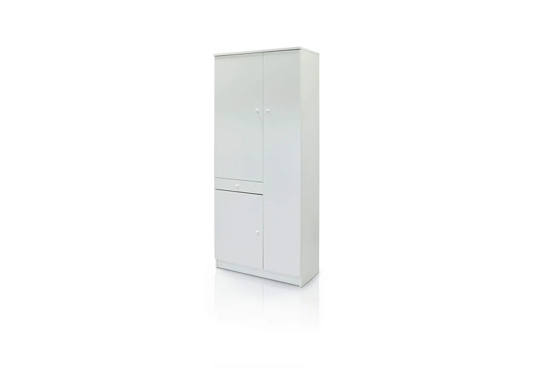 Dmora - Multifunction wardrobe with a single door on the right side and on the left two doors divided by a drawer, white color, 77 x 34 x 183 cm.