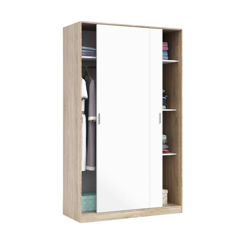 Dmora - Cloakroom Waterbury, Bedroom wardrobe with 2 sliding doors, Cabinet with 3 shelves and clothes hanger bar, 120x50h200 cm, Oak and White