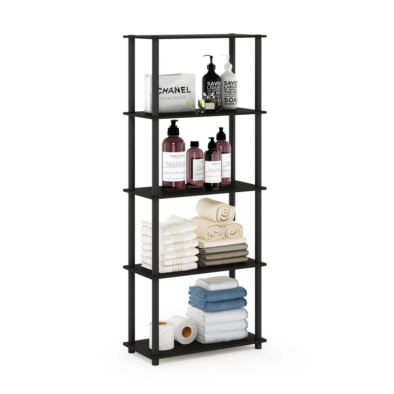 Furinno TURN-N-TUBE Storage Shelves, 5-Tier Book Shelf, Corner Shelf, Toolless Open Shelves, for Organization and Storage, Living Room, Garage, Home Office, Espresso