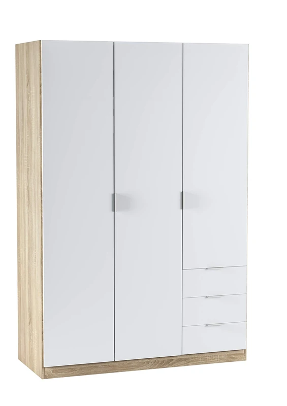 Dmora - Cloakroom Allentown, Bedroom wardrobe with 3 doors and 3 drawers, Cabinet with clothes hanger bar and 3 shelves, 121x52h180 cm, White and Oak