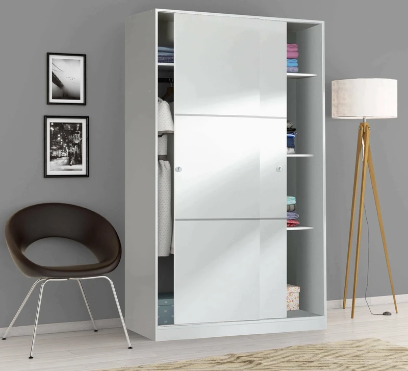 Dmora - Cloakroom Waterbury, Bedroom wardrobe with 2 sliding doors, Cabinet with 4 shelves and clothes hanger bar, 120x50h200 cm, White