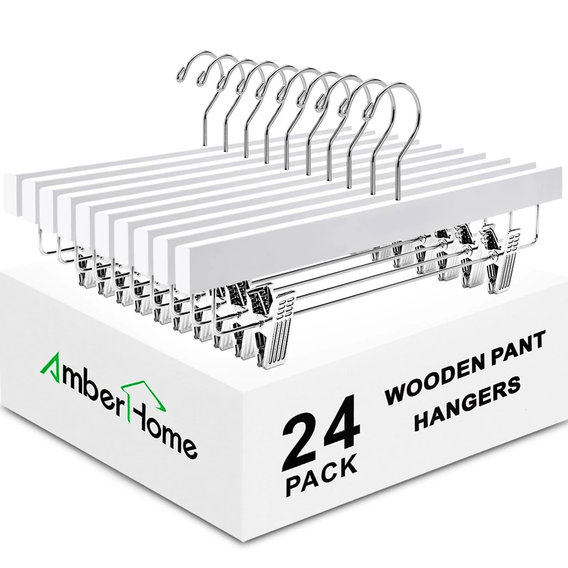 Amber Home 24 Pack White Wooden Pants Hangers with 2-Adjustable Clips for Jeans, Slacks, Shorts