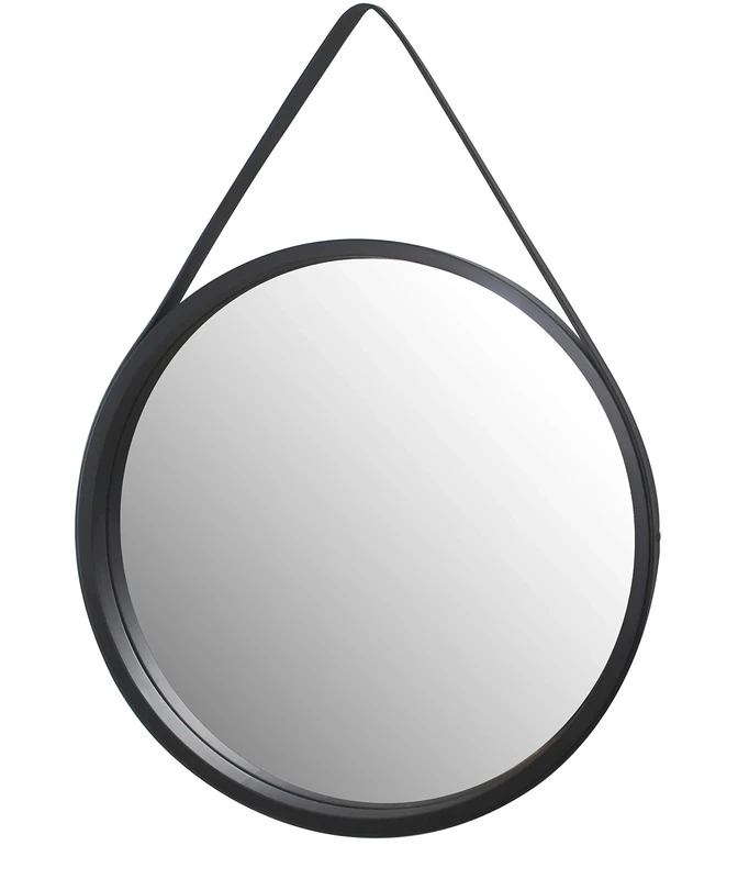 Aspect Leather Strap Wooden Wall Mirror/Round Hanging Mirror/Decorative Vanity Mirror (Black, 50 dia cm) M31BK
