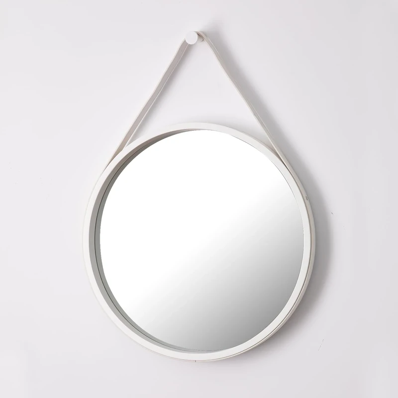 ASPECT M31W Leather Strap Wooden Wall Round Hanging Decorative Vanity Mirror (White, 50 Dia cm)