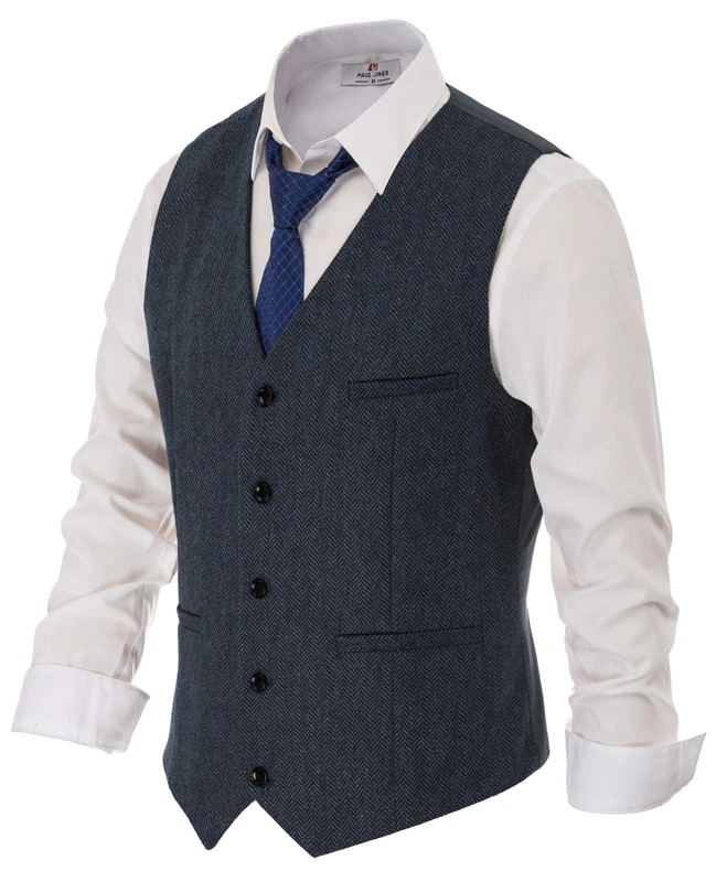 PJ PAUL JONES Men's Herringbone Tweed Suit Vest Casual Wool Blend Waistcoat, Navy Blue, Medium