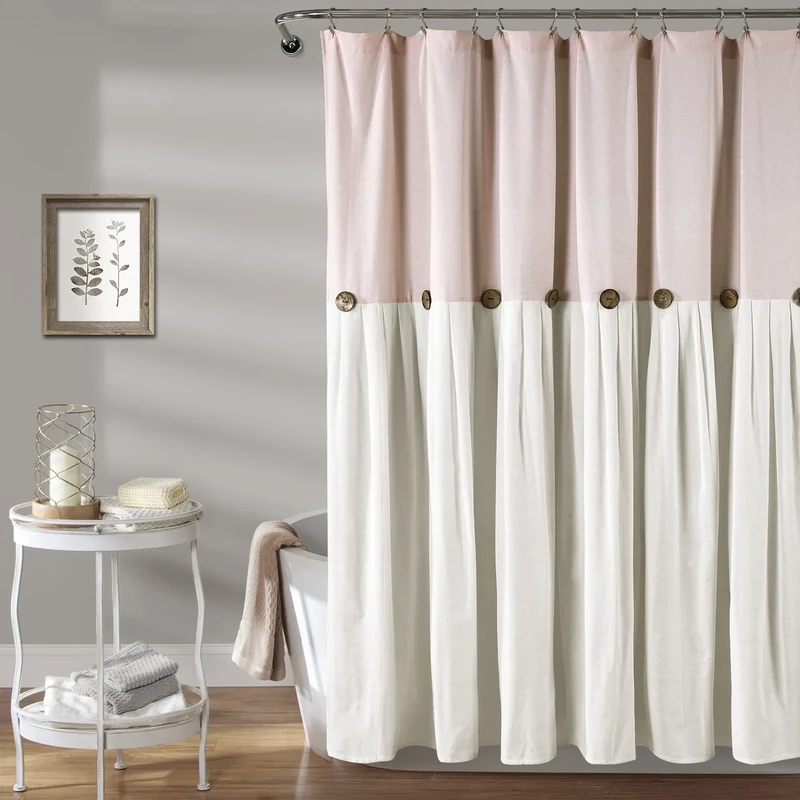 Lush Decor Linen Button Shower Curtain, Cotton Blend, Blush & White, 72" W x 72" L (Pack of 1)
