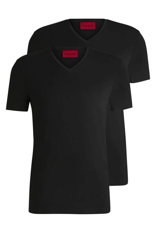 HUGO Mens V Two V-Neck T-Shirts in Stretch Jersey Black - Image 1