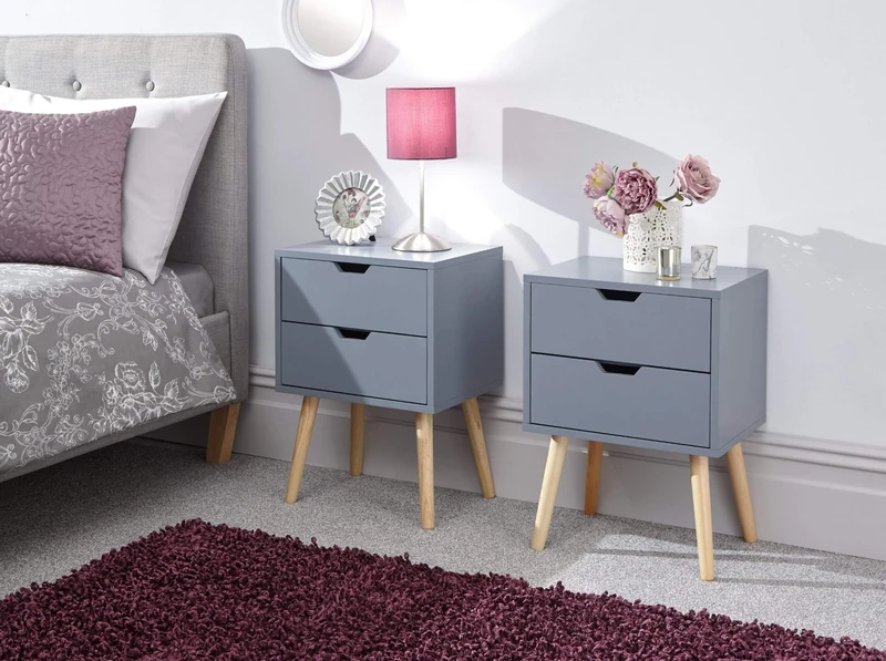GFW Pair Of Nyborg Scandinavian Style 2 Drawer Bedside Cabinet With Pine Wooden Legs, Dark Grey. 30D x 40W x 56H cm.
