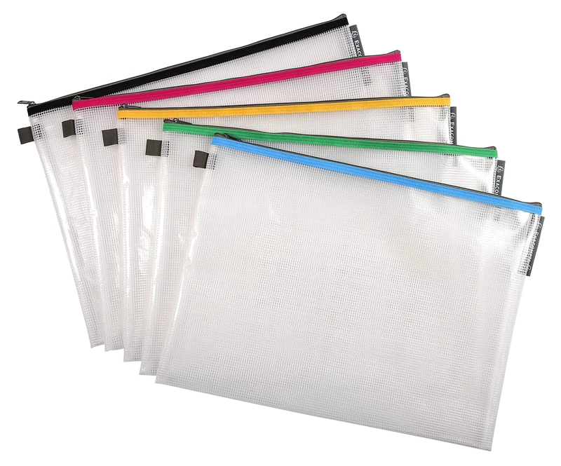 Exacompta - Ref 34160E - Zipped Transparent Mesh Pockets - Suitable for A3 Documents, 0.3mm Nylone Mesh - Suitable for Storing Documents, Accessories - Assorted Colours (Pack of 10)