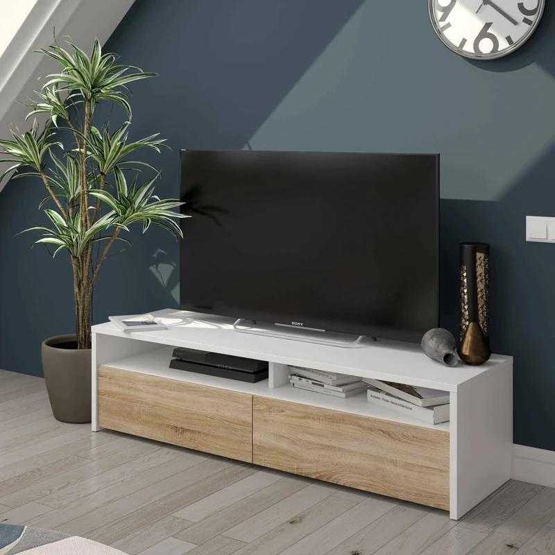 Esidra Dmora - TV stand Henderson, Sideboard for living room television with 2 doors, TV stand, Low modern living room buffet, 130x40h36 cm, Glossy white