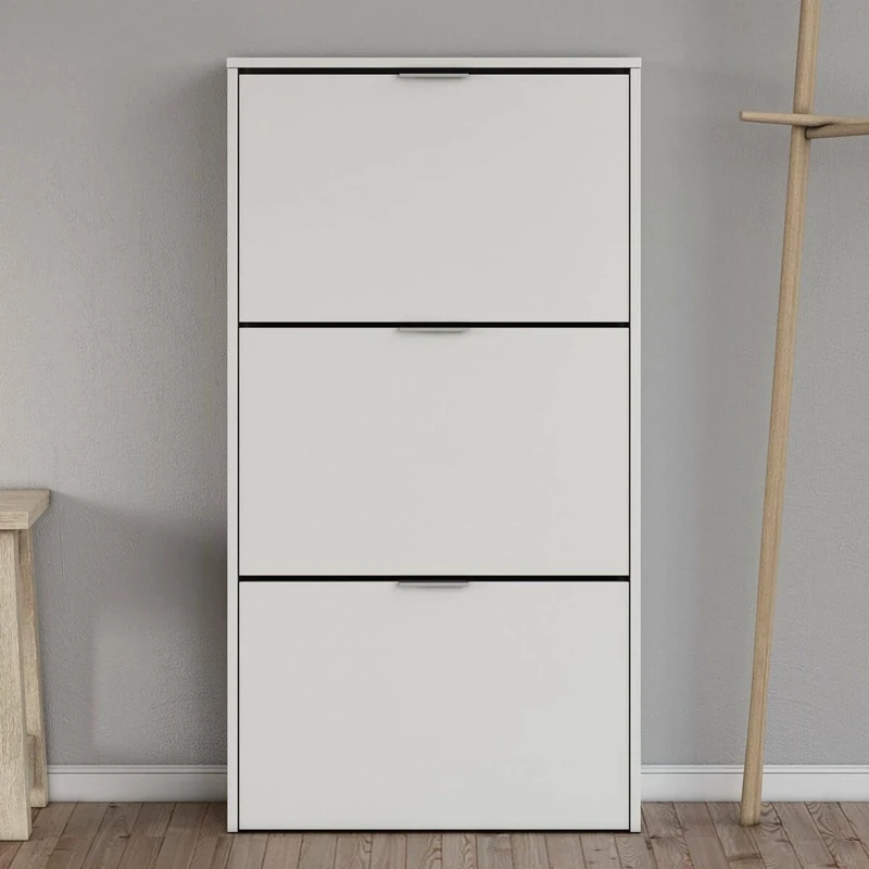 Dmora - Shoe cabinet Escondido, Shoe cabinet with 3 flap doors, Cabinet with double capacity for up to 18 pairs of shoes, 70x17h180 cm, Glossy white