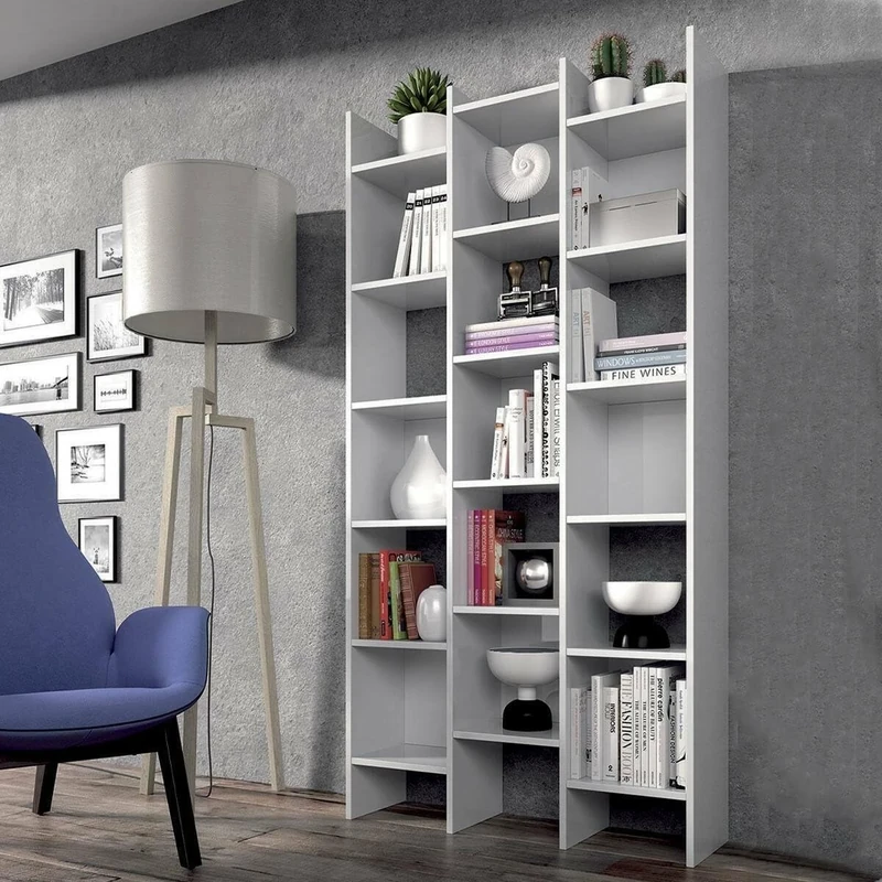 Esidra Dmora - Bookshop Rockford, Bookcase with 18 shelves, Shelf with square compartments, Modern office shelf, 96x29h192 cm, White