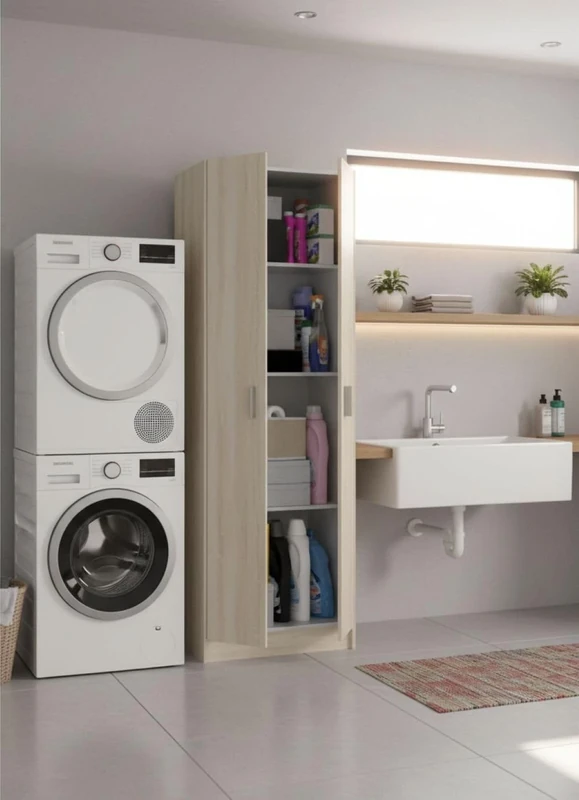 Esidra Dmora - 2 doors Multipurpose cabinet Salem, Auxiliary cabinet, Shoe rack with 3 shelves, Modern high shoe rack, 59x37h180 cm, Oak