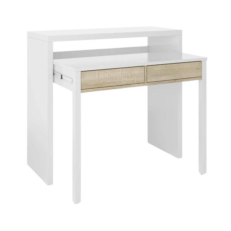 Esidra Dmora - Desk Billings, Desk with extendable top, PC desk with 2 drawers, 99x36h88 cm, White and Oak