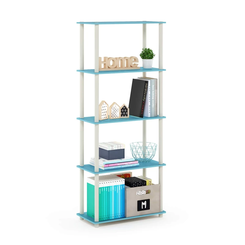 Furinno TURN-N-TUBE Storage Shelves, 5-Tier Book Shelf, Corner Shelf, Toolless Open Shelves, for Organization and Storage, Living Room, Garage, Home Office, Light Blue