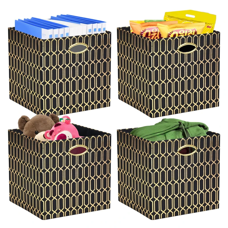 Posprica Storage Bins, Storage Cubes,13×13 Fabric Drawers Organizer Basket Boxes Containers (13×13×13/4pcs, Black/gold geometry Pattern)