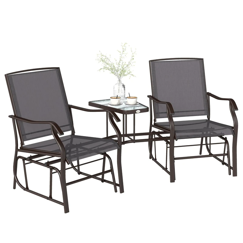 Outsunny Outdoor Double Glider Rocking Chairs with Glass Top Middle Table, Metal Gliding Love Seat Conversation Furniture with Breathable Mesh Fabric Seat, for Garden, Patio, Grey