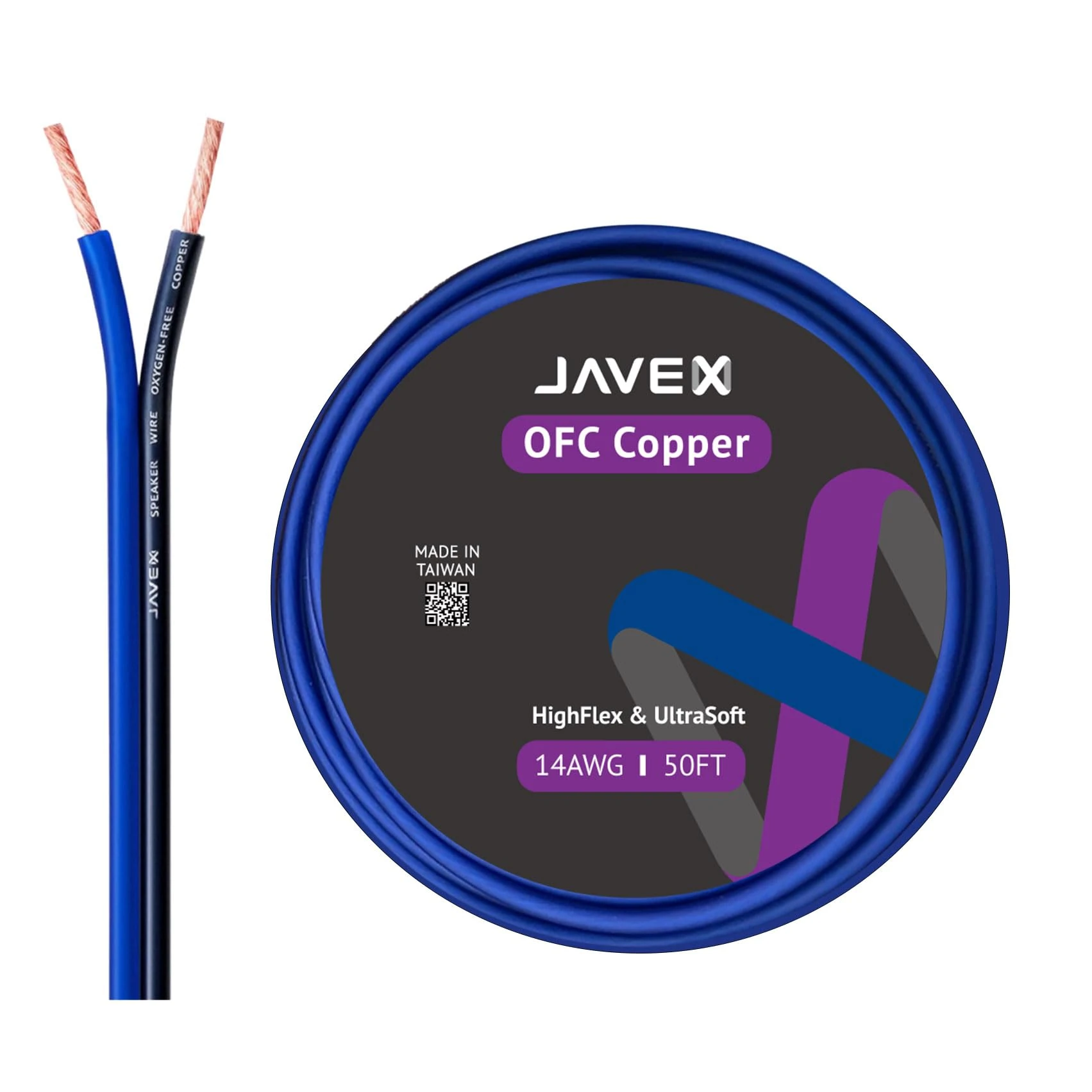 JAVEX Speaker Wire 14-Gauge [2.11mm2] [0.16mm Strands Oxygen-Free Copper 99.9%] Stranded Copper, Blue/Black, Cable for Hi-Fi Systems, Amplifiers, AV receivers and Car Audio Systems,15.25M