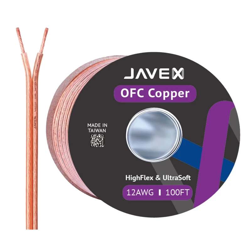 JAVEX Speaker Wire 12-Gauge [3.38mm2] [0.16mm Strands Oxygen-Free Copper 99.9%] Stranded Copper, Flat Cable, Cable for Hi-Fi Systems, Amplifiers, AV receivers and Car Audio Systems, 30.5M