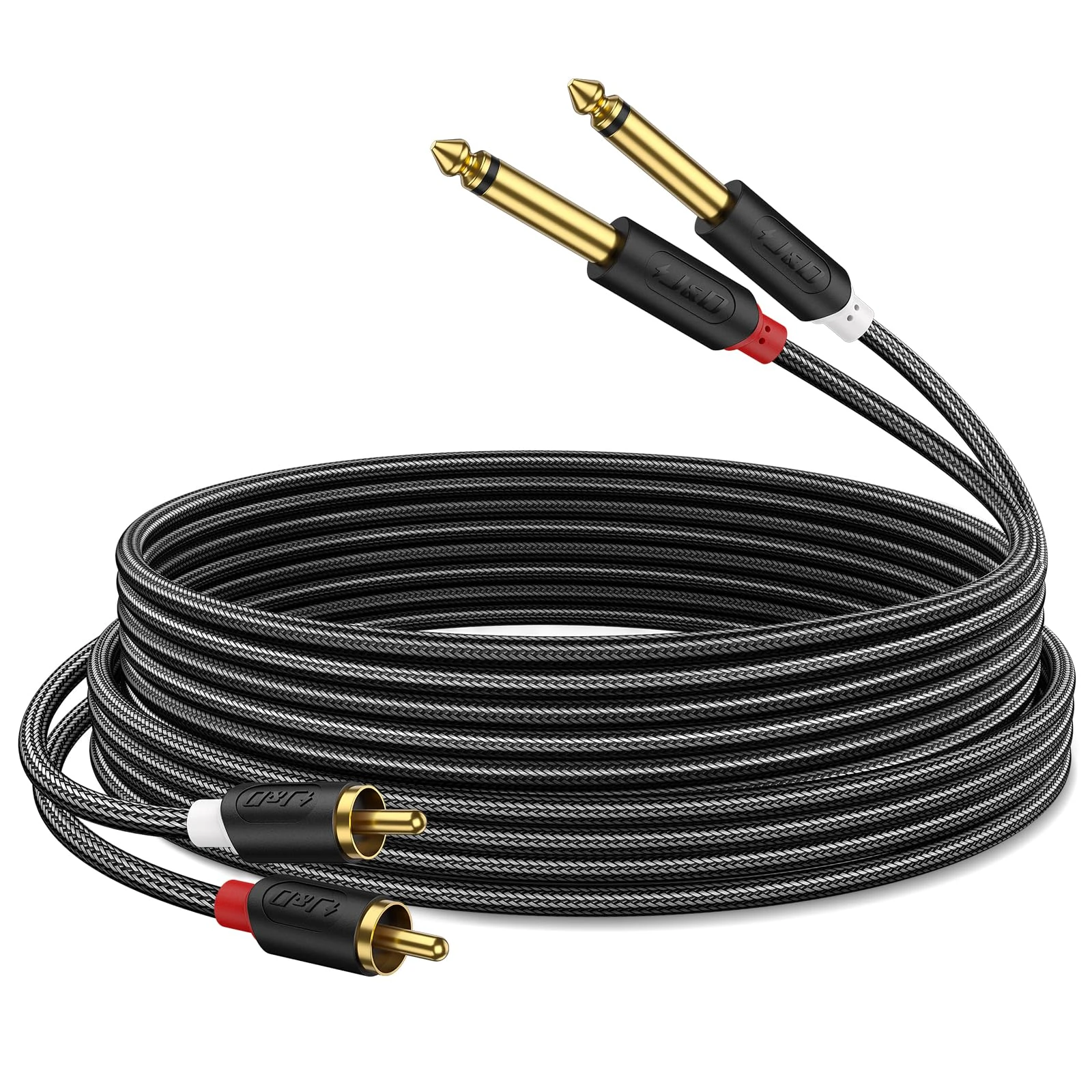 J&D Dual 1/4 inch TS to Dual RCA Stereo Audio Interconnect Cable, Gold Plated Audiowave Series 2X 6.35mm Male TS to 2 RCA Male Stereo Audio Adapter with PVC Shelled Housing and Nylon Braid,1.8 Meter
