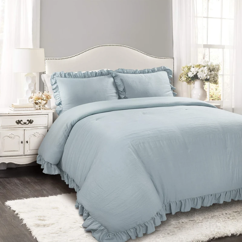 Lush Decor Reyna Comforter Lake Blue Ruffled 3 Piece Set with Pillow Sham Full Queen Size Bedding