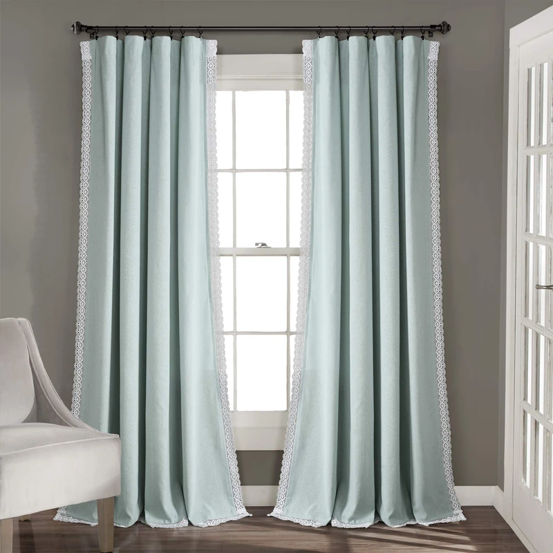 Lush Decor Rosalie Farmhouse Window Curtains Rustic Style Panel Set for Living, Dining Room Bedroom (Pair), 54" W x 84" L, Blue