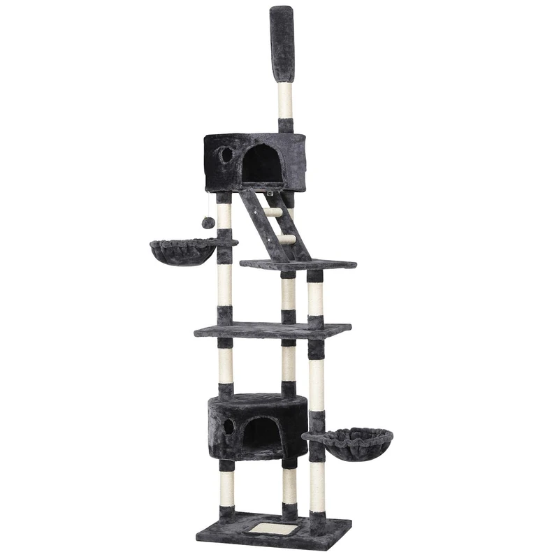 Yaheetech Floor to Ceiling Cat Tree, 228-255cm Height Adjustable Tall Tower for Indoor Cats, Scratching Post with Condos Baskets and Ladder