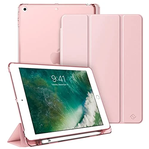 Fintie Case with Built-in Pencil Holder for iPad 6th / 5th Generation - Lightweight SlimShell Cover with Translucent Frosted Back, Supports Auto Wake/Sleep for iPad 9.7 Inch 2018/2017, Rose Gold