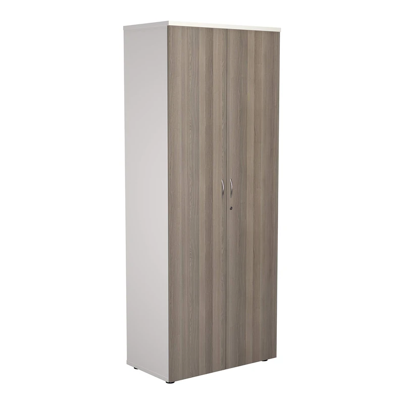 Office Hippo Office Storage Cupboard, Heavy Duty, Lockable, 4 Adjustable Shelves - White Frame, Grey Oak Doors