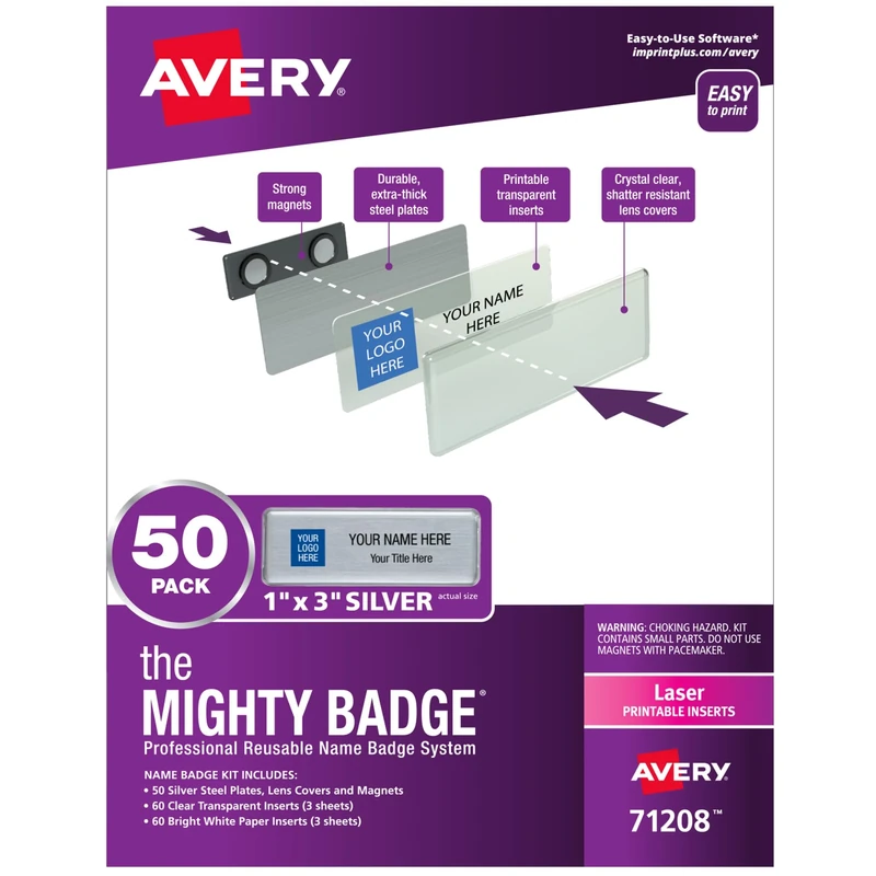 The Mighty Badge by Avery, 1" x 3" Magnetic Name Tags, 50 Silver Name Badges, 120 Customizable Inserts (71208)