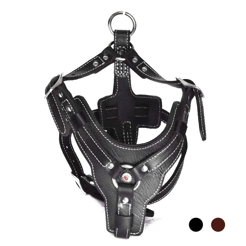 PESHOUCO Leather Dog Harness Handmade Genuine Leather Durable Strong Pet Harness with Adjustable Straps No Pull Easy Control Pet Vest 24" - 28" Chest for Medium Small Dogs Black