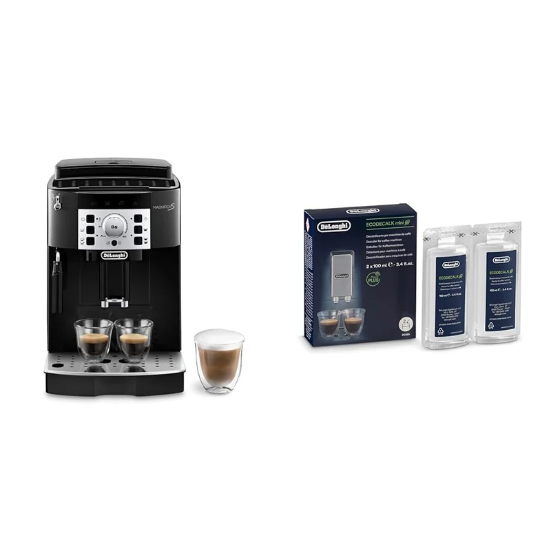 De'Longhi Magnifica S, Automatic Bean to Cup Coffee Machine, Espresso and Cappuccino Maker, ECAM22.110.B, Black & EcoDecalk Mini 2 x 100ml Descaler (Pack of 1)-White