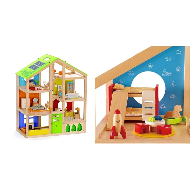 Hape E3401 All Season House- Fully Furnished Wooden Dolls House & E3456 Children's Room - Wooden Dolls House Accessories