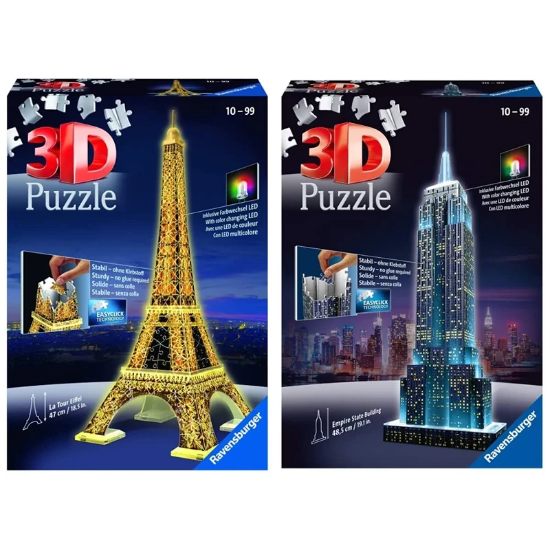 Ravensburger Empire State Building Night Edition 216 piece 3D Jigsaw Puzzle with LED lighting & 12579 Eiffel Tower Night Edition 216 Piece 3D Jigsaw Puzzle with LED Lighting