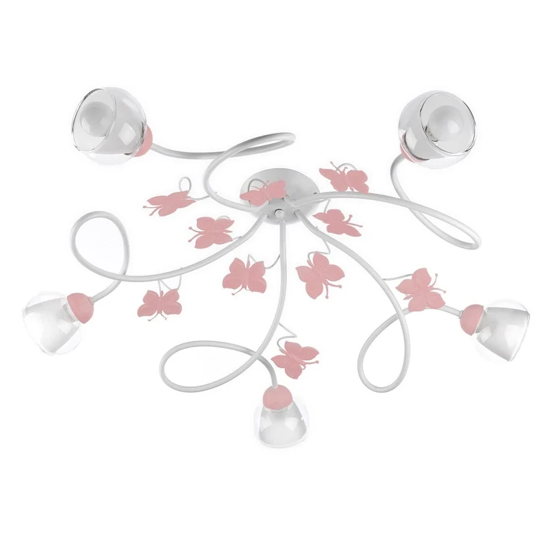 ONLI Ceiling Light 5 Bedroom Lights in White Metal with Pink Painted Butterflies