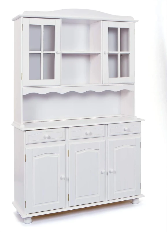 Esidra Dmora - Sideboard with three doors and drawers with upper glass cabinet, white color, 130 x 198 x 32 cm