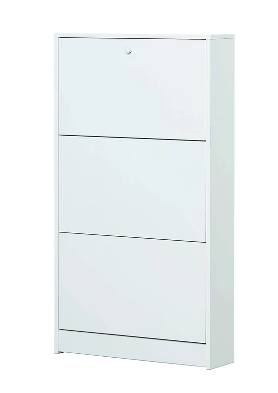 Dmora - Shoe cabinet with three doors with wooden flap, white color, 62 x 18 x 114 cm