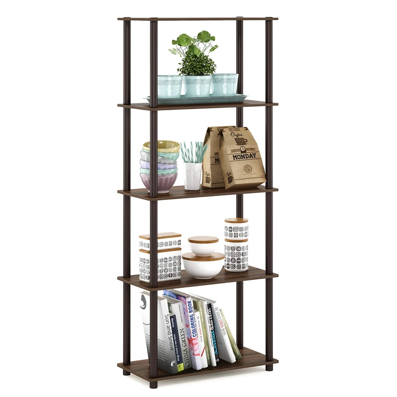 Furinno TURN-N-TUBE Storage Shelves, 5-Tier Book Shelf, Corner Shelf, Toolless Open Shelves, for Organization and Storage, Living Room, Garage, Home Office, Walnut